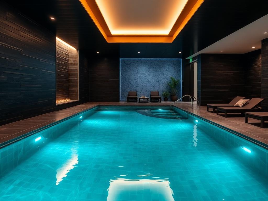 بعد الترميم — مسبح داخلي برطوبة → مسبح داخلي فاخر بإضاءة مغمورة